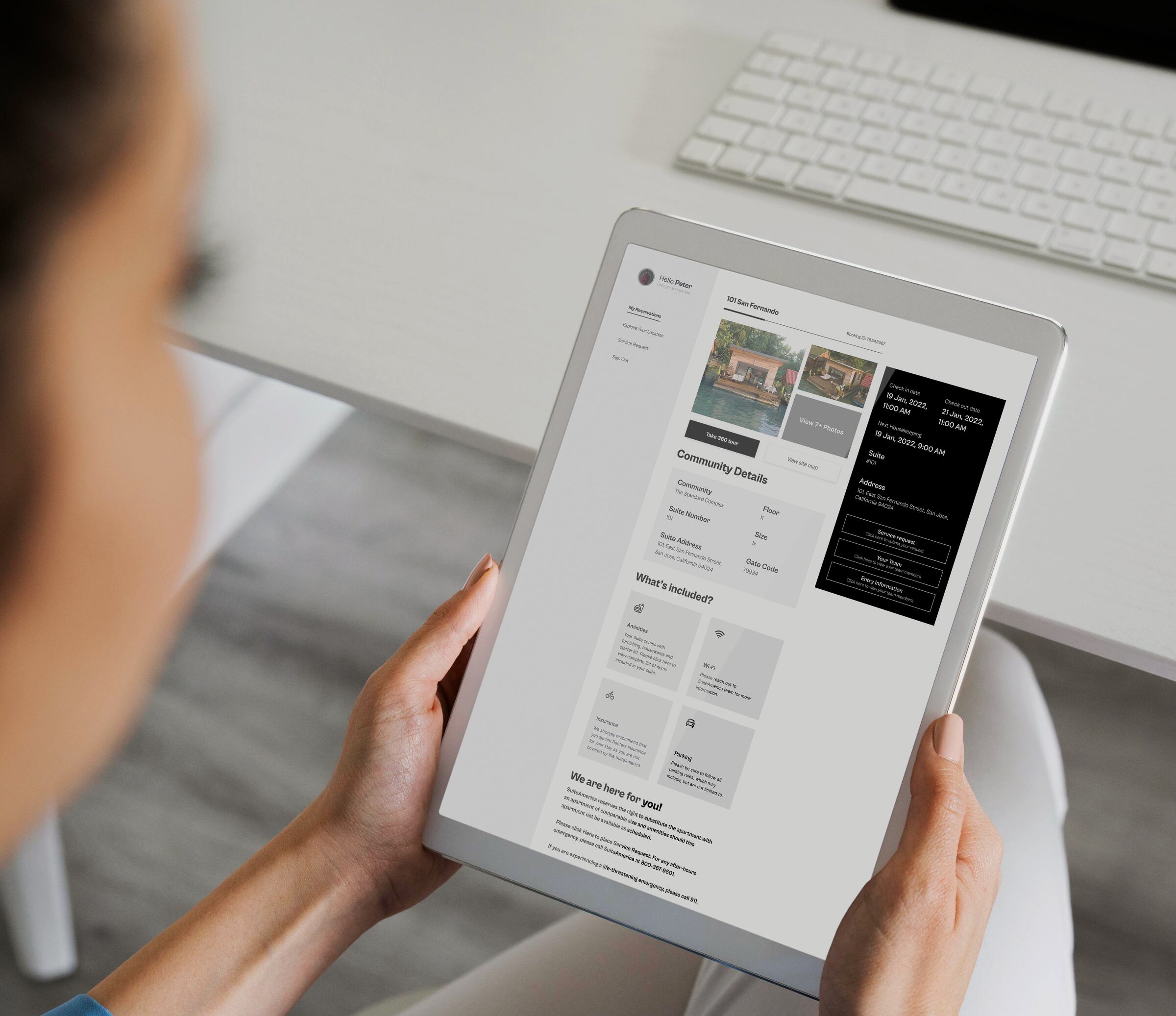 Guest reviewing a SuiteAmerica reservation on a tablet